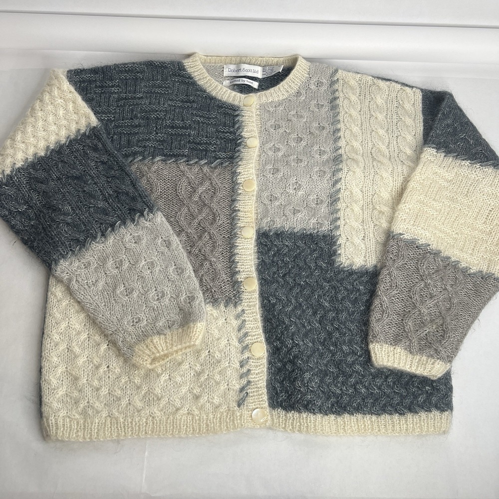 Vintage Robert Scott Ltd Knitted By Hand Mohair Button Up Cardigan Sweater Large